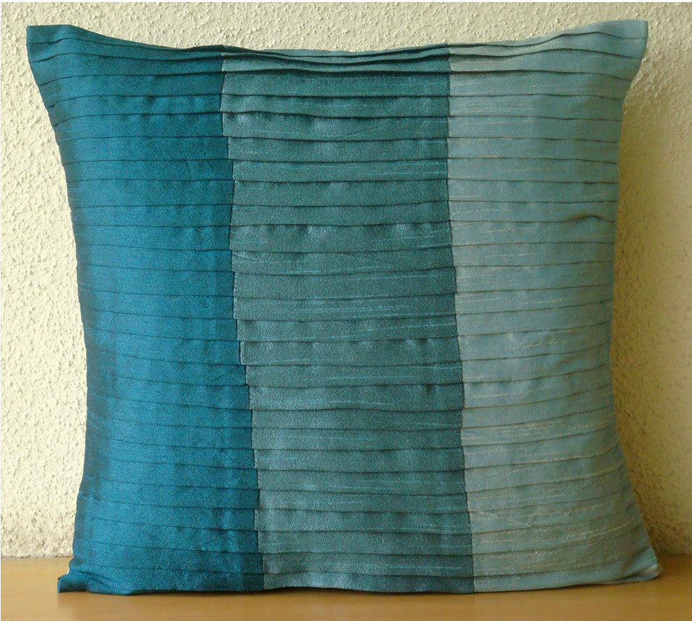 Color Block Blue Euro Pillow Shams, Art Silk 26x26 Euro Pillow, Shades Of Teal