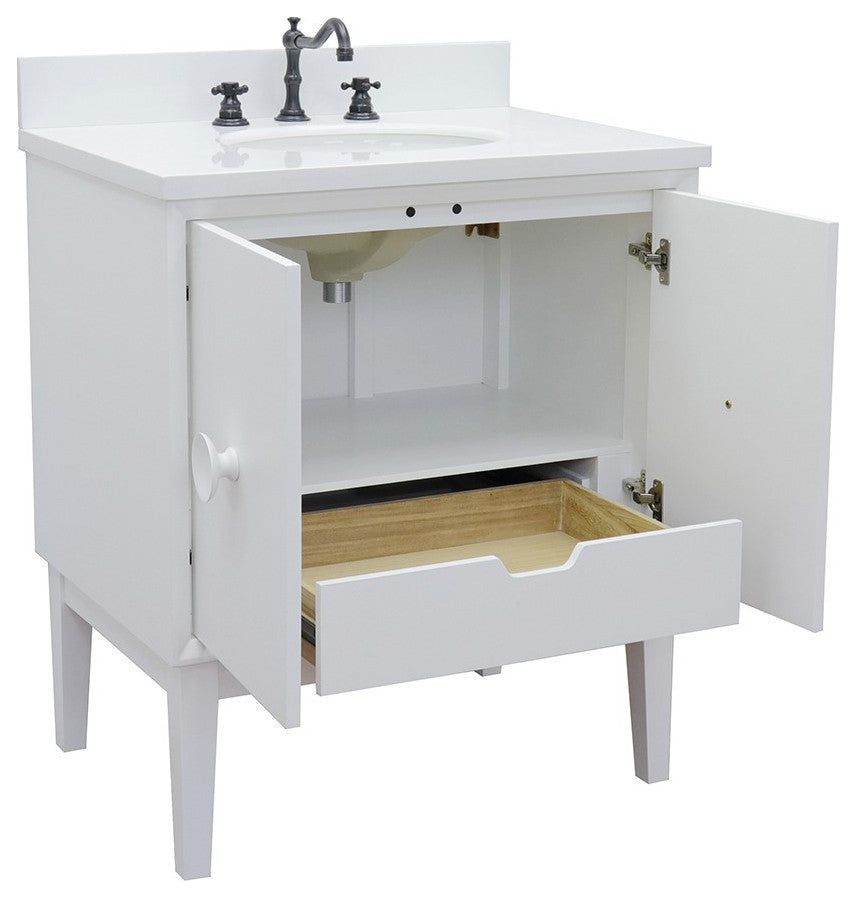 31" Single Vanity, White Finish With White Engineered Stone Top And Oval Sink
