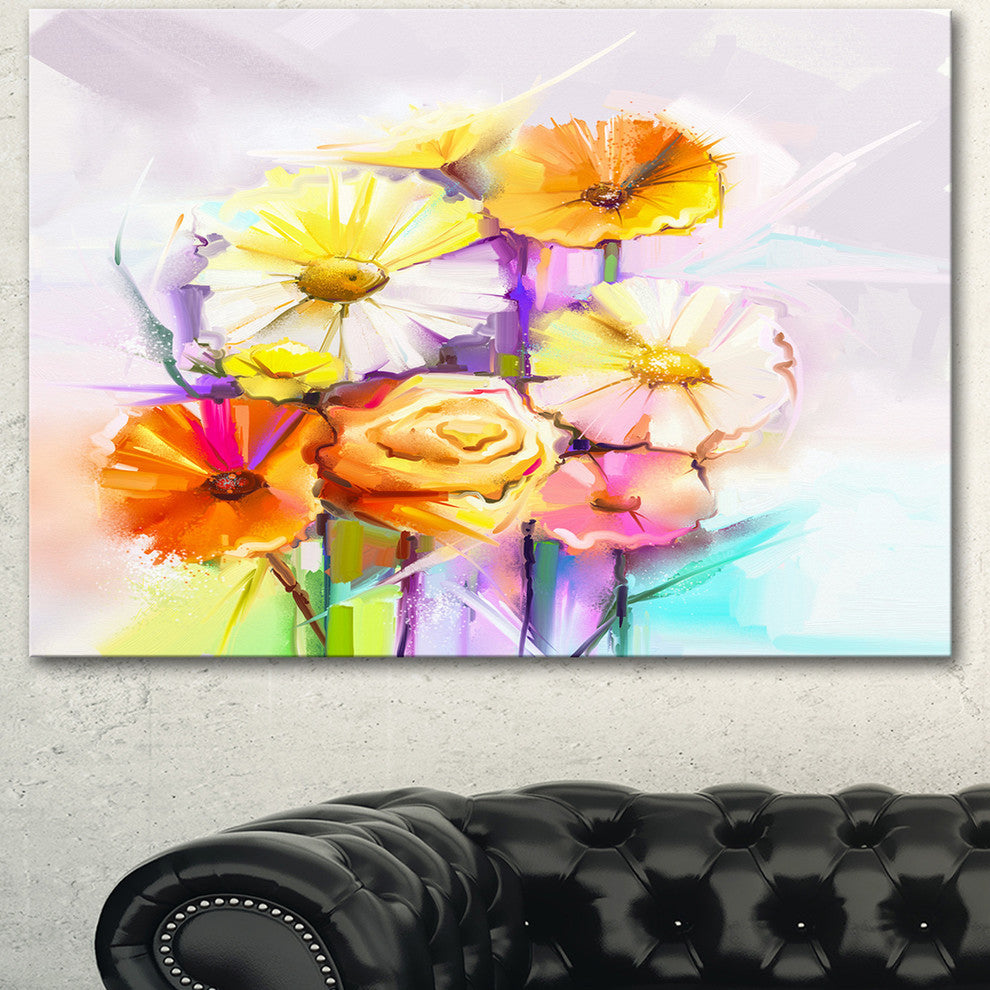 Yellow Pink Gerbera and Rose Bouquet, Extra Large Floral Wall Art, 40"x30"