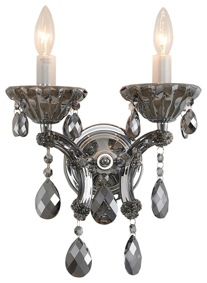 13.8" Chrome Metal Wall Sconce With Clear Crystals, Smoke Crystal