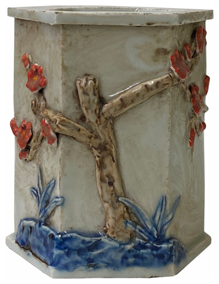 Chinese Distressed White Porcelain Blossom Graphic Hexagon Holder Vase Hws1771