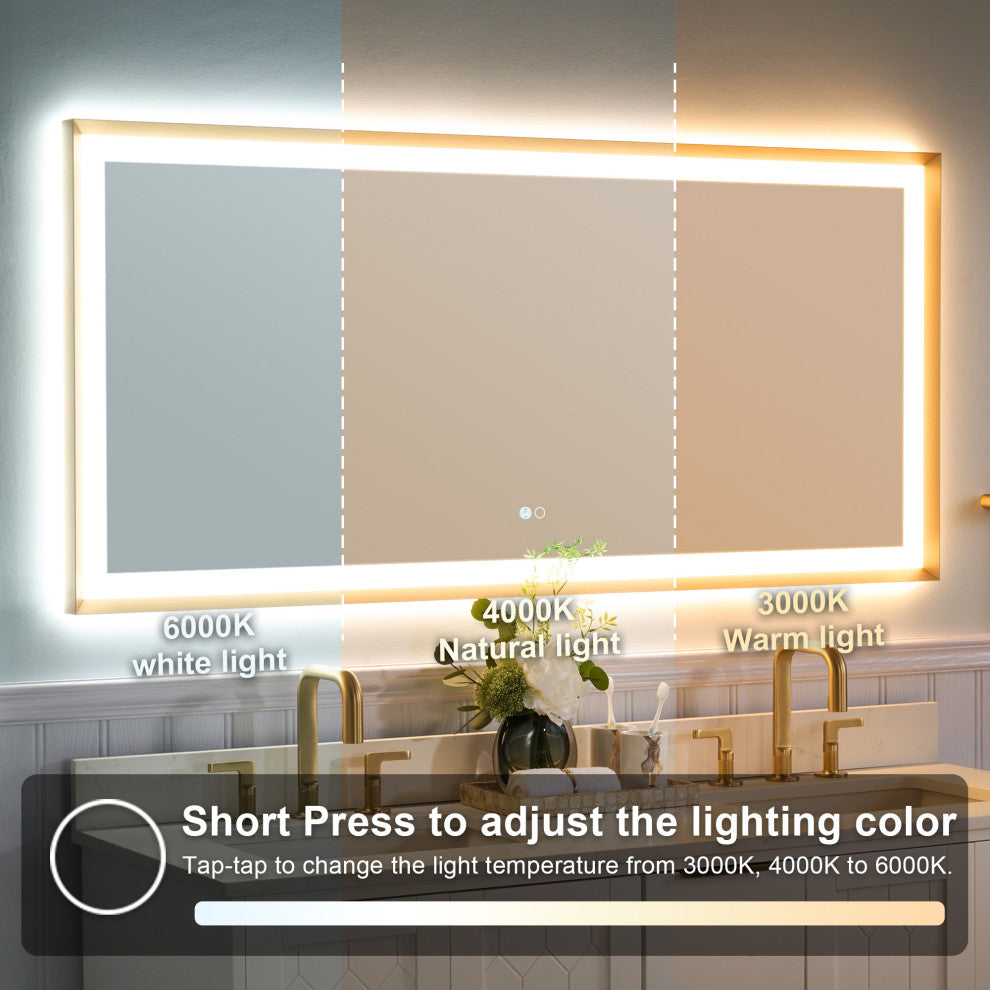 Beveled Bathroom LED Mirror Framed, Backlit and Front Light, Gold, 60"x28"