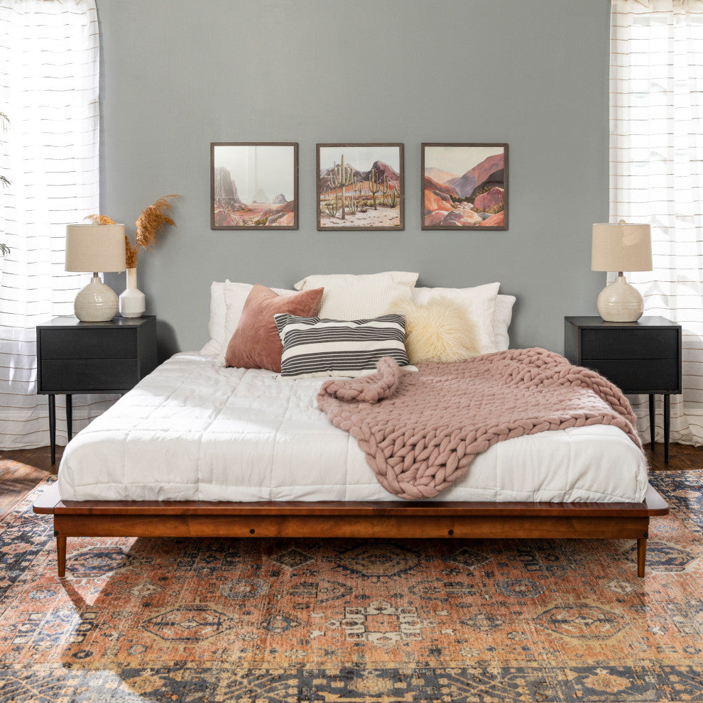 King Mid Century Modern Solid Wood Platform Bed - Walnut