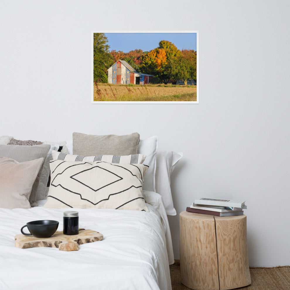 Patriotic Barn in Field Rural Landscape Framed Photo Paper Wall Art Prints, White, 24" X 36"