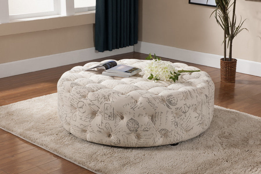Baxton Studio Cardiff Beige Script Print Modern Tufted Ottoman