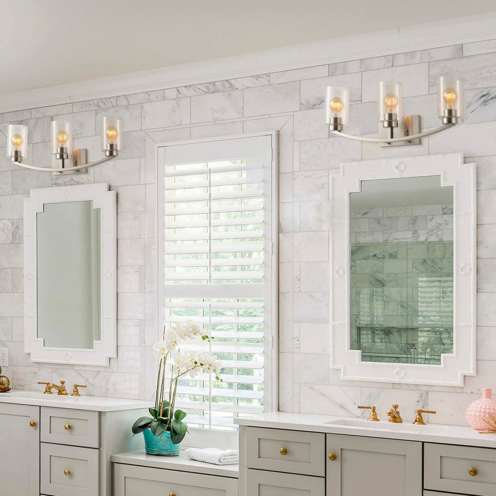 Brushed Nickel 3-Light Bathroom Vanity Light With Glass Shade