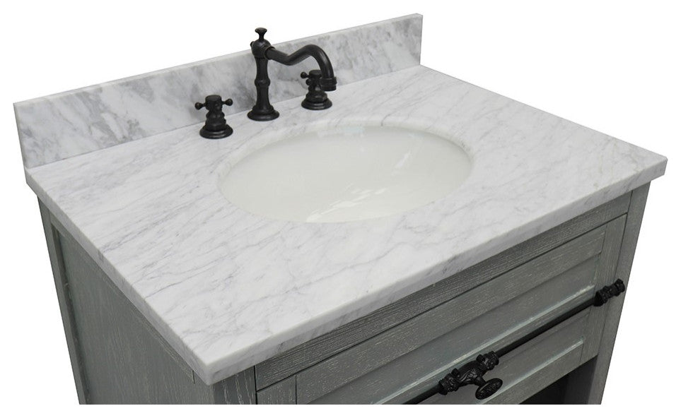 30" Single Vanity, Gray Ash, White Carrara Top, Oval Sink