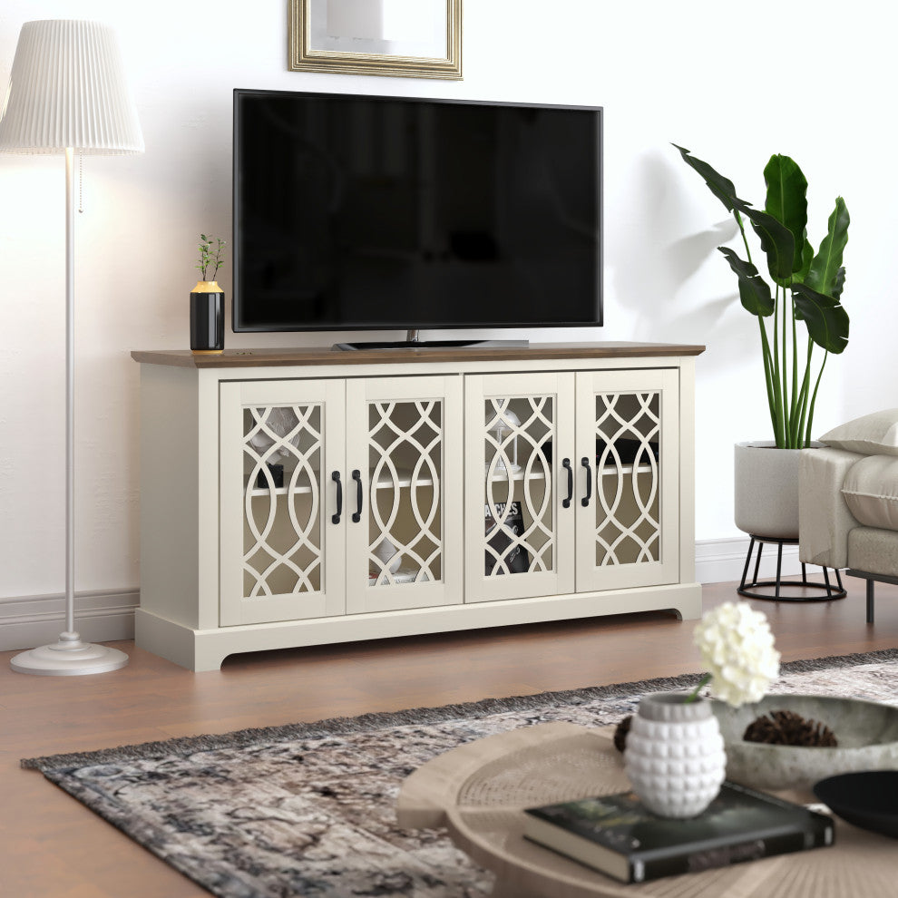 Raccon 59.1 in. TV Stand Fits TV's up to 65 in., Ivory With Knotty Oak