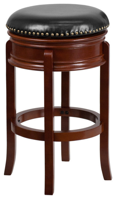 29" High Backless Light Cherry Wood Barstool With Black Leather Swivel Seat