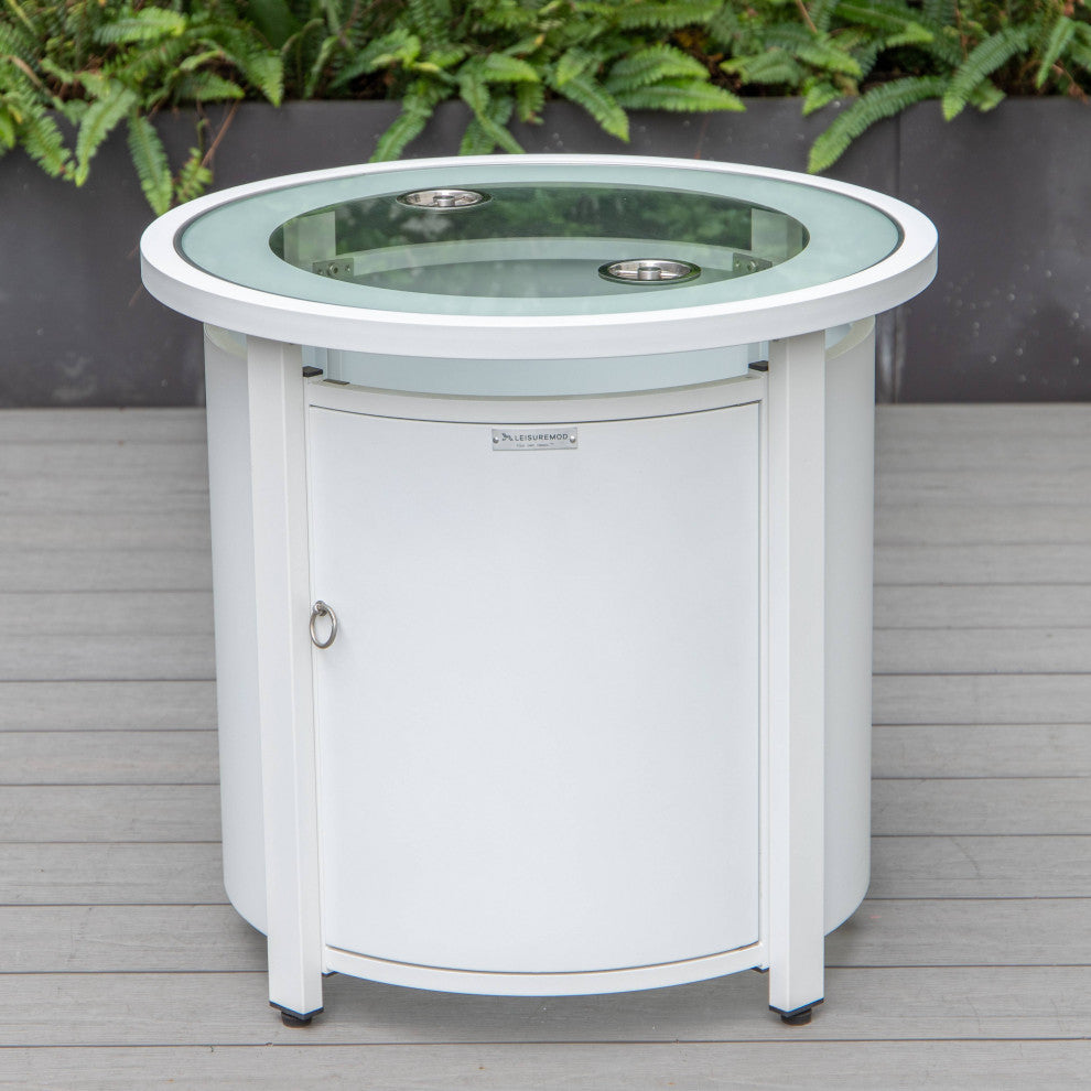 LeisureMod Walbrooke White Patio Conversation Set With Fire Pit, Red