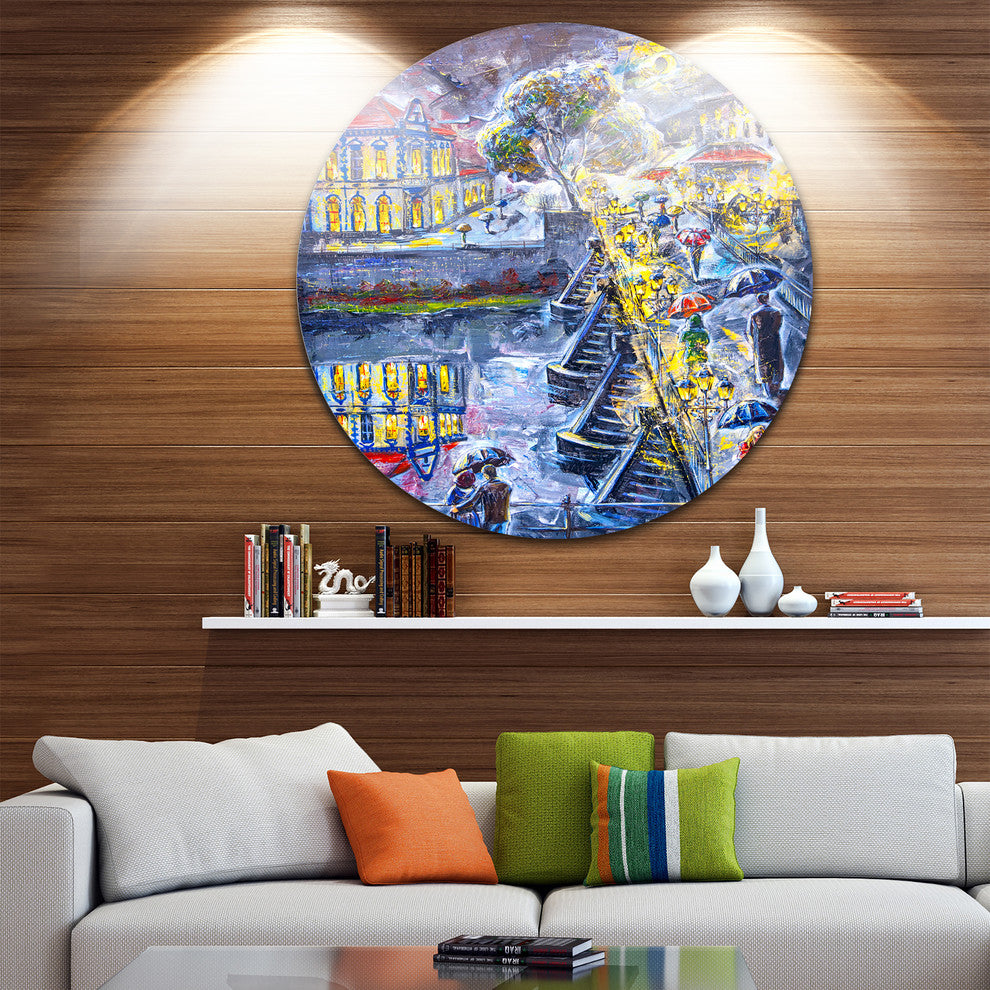 City At Night Graphics Art, Cityscape Disc Metal Artwork, 11"