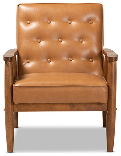 MCM Tan Faux Leather Upholstered and Walnut Brown Finished Wood Lounge Chair