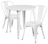 Commercial Grade 30" Round White Metal Indoor-Outdoor Table Set, 2 Cafe Chairs