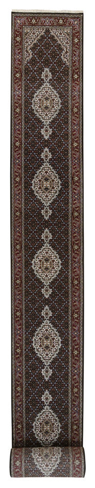 Rich Black Hand Knotted Soft Wool and Silk Runner Oriental Rug, 2'4"x27'1"