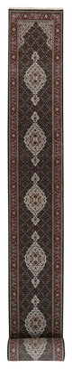 Rich Black Hand Knotted Soft Wool and Silk Runner Oriental Rug, 2'4"x27'1"