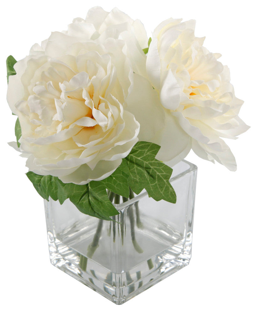9" Tall Silk Peony Arrangement In Glass Pot,Cream White