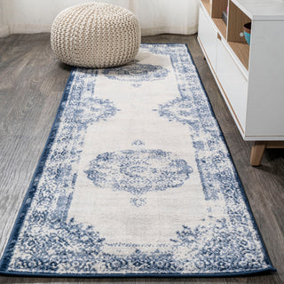 Rosalia Cottage Medallion Area Rug, Dark Blue/Ivory, 2'x8'