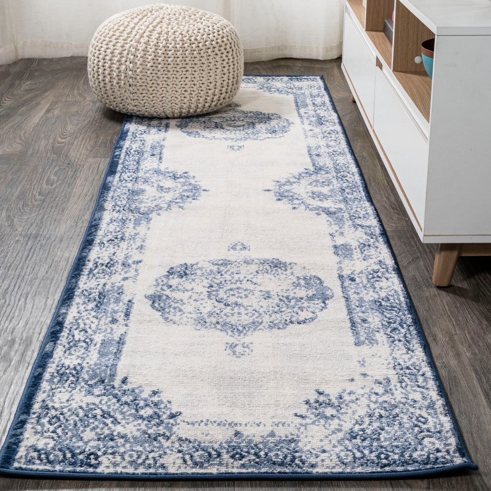 Rosalia Cottage Medallion Area Rug, Dark Blue/Ivory, 2'x8'