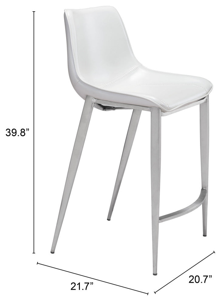 Counter Stool Chair, Set of 2, Faux Vinyl Leather, Steel, White, Silver, Cafe