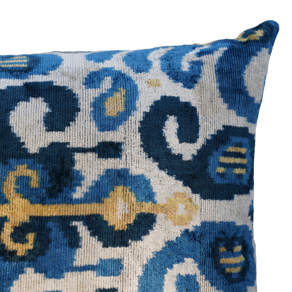 Canvello Handmade Gold Blue Velvet Throw Pillow Down Filled 16x24 in