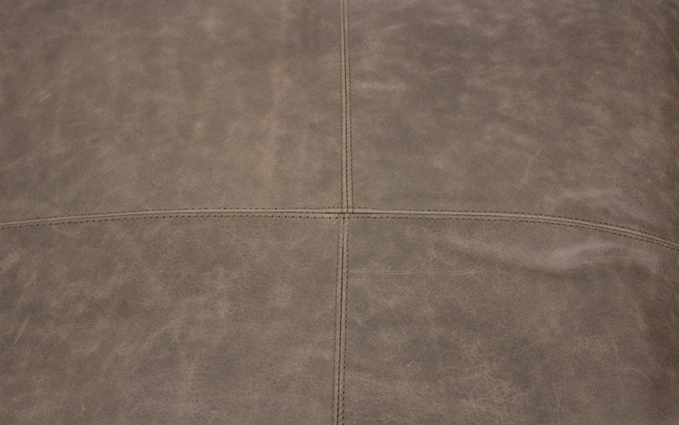 Java Pouf Upholstered, Genuine Leather, Gray and Contrast Stitching