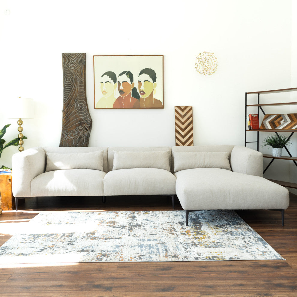Savoy Mid-Century Modern L-Shaped Linen Fabric Right-Facing Sectional, Cream