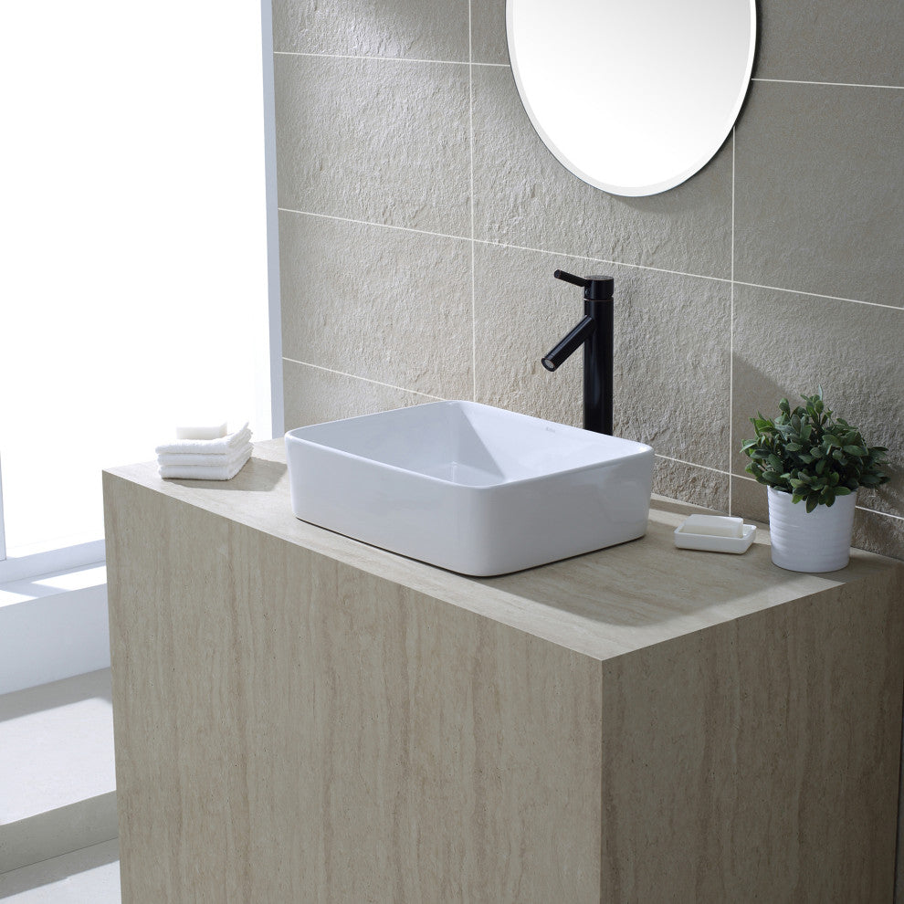 Elavo Ceramic Rectangle Vessel White Sink, PU Drain Oil Rubbed Bronze