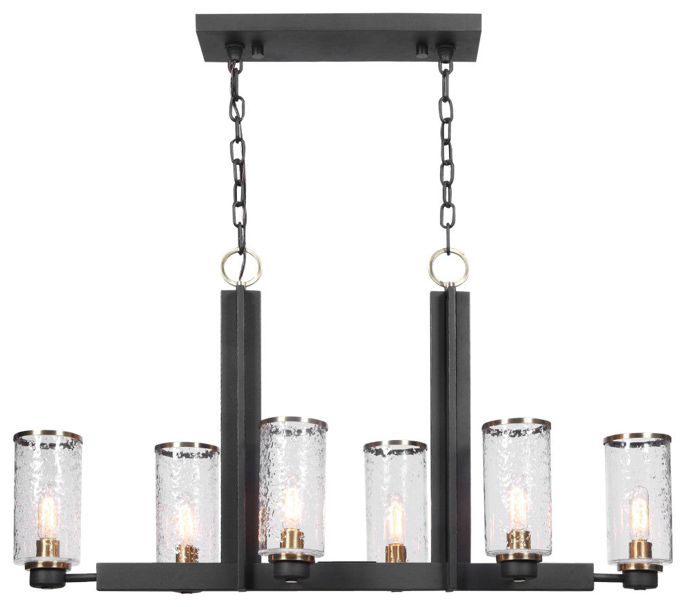 Modern Industrial Black I Beam Kitchen Island 6 Light, Pendant Glass Hurricane