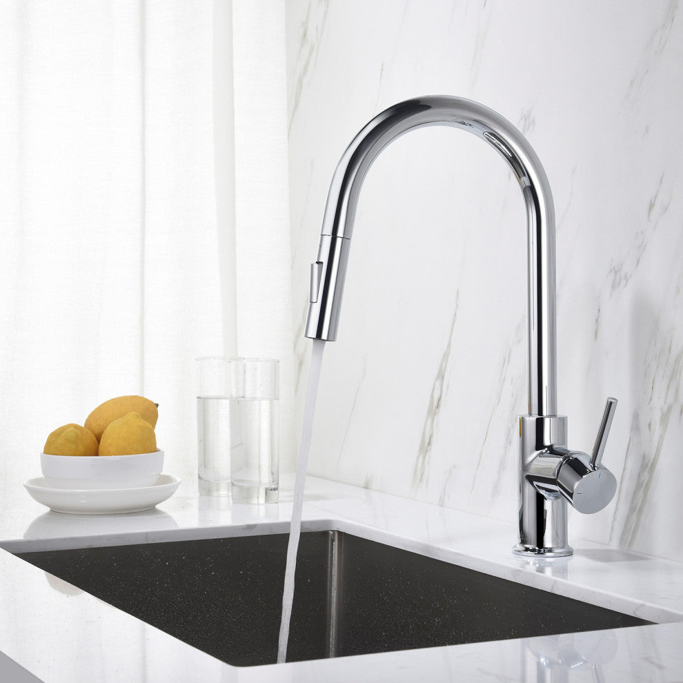 Brass Single Handle Pull Out Kitchen Faucet, Chrome W/ Soap Dispenser