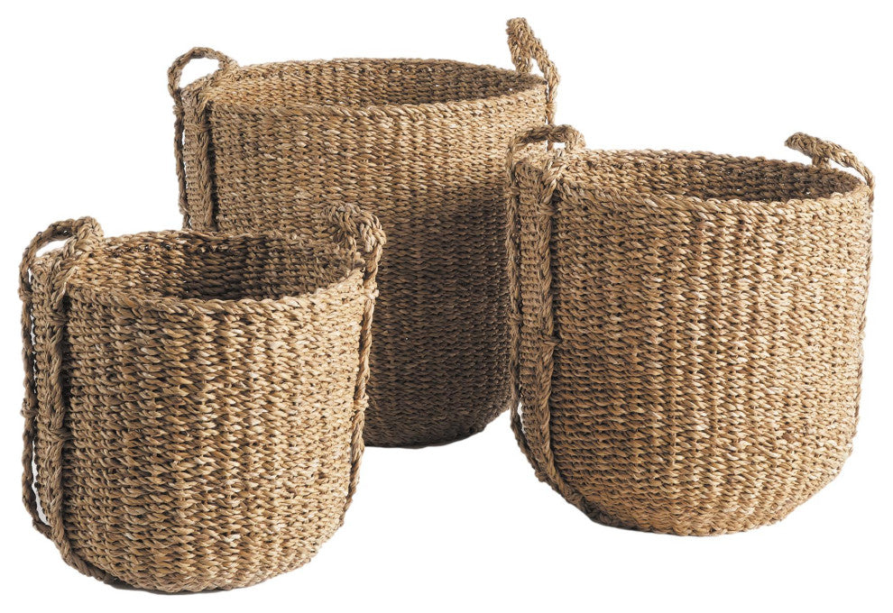 Set of 3 Contemporary Casual Natural Sea Grass Round Tote Baskets Handles Large