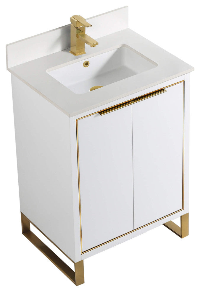 Opulence Bath Vanity, White Matte, 24", Satin Brass Hardware, White Top