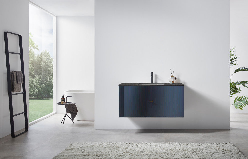 BARCELONA Wall Mount Modern Bathroom Vanity, Dark Blue, 42", Black Countertop