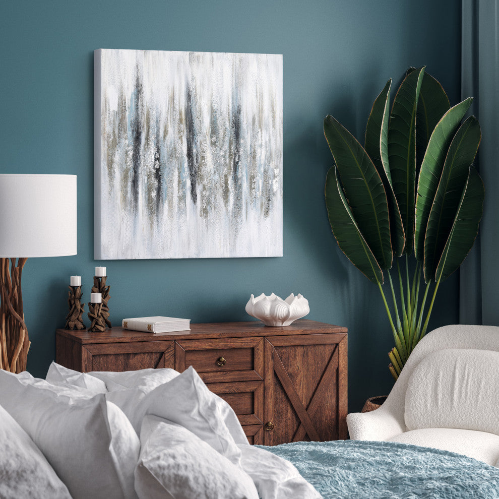 Silver Echoes Textured Hand Painted Canvas Wall Art with Silver Glitter and Leaf