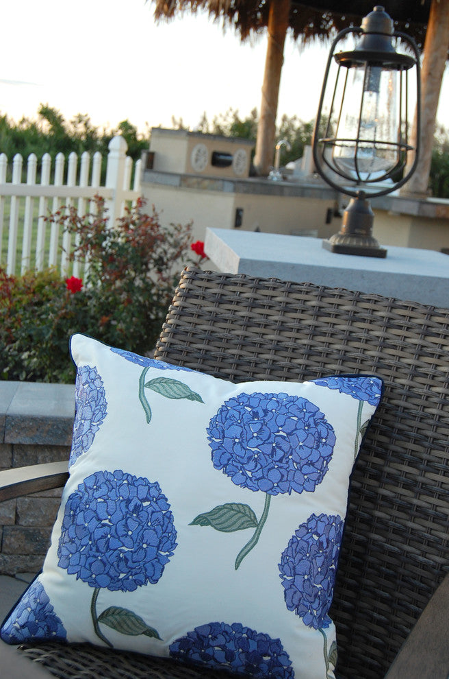 Blue Hydrangea Embroidered Outdoor Sunbrella Pillow