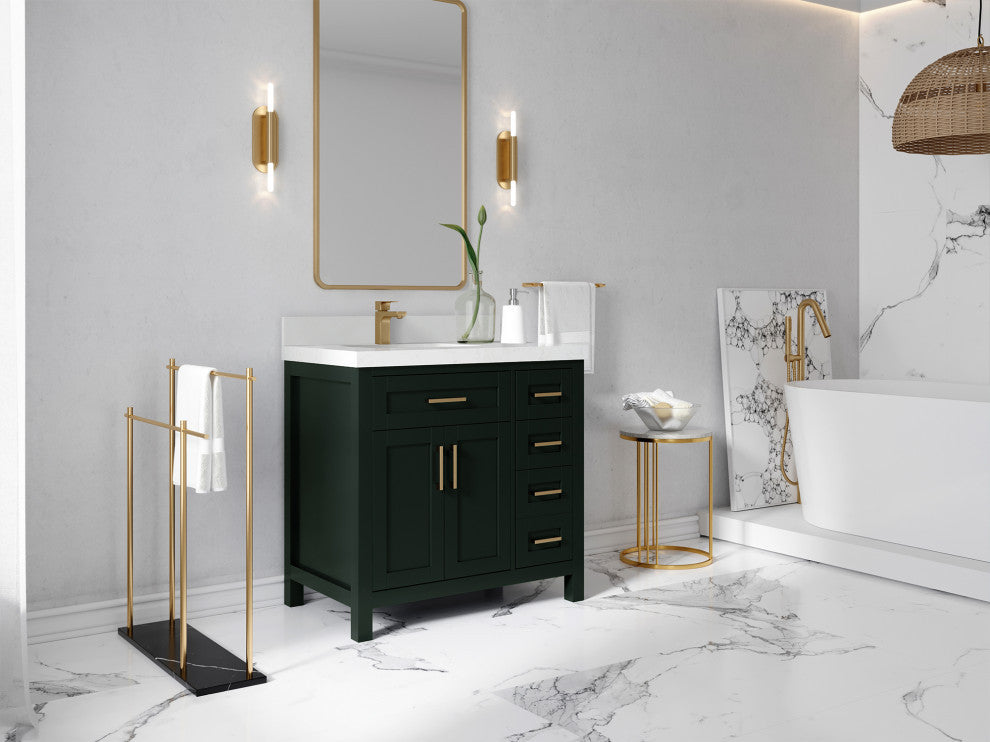 Cambridge 36 Left Offset Bath Vanity in Dark Forest Green 1.5" Empira Quartz