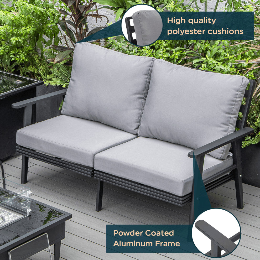 Leisuremod Walbrooke Patio Loveseat With Black Aluminum Frame, Gray