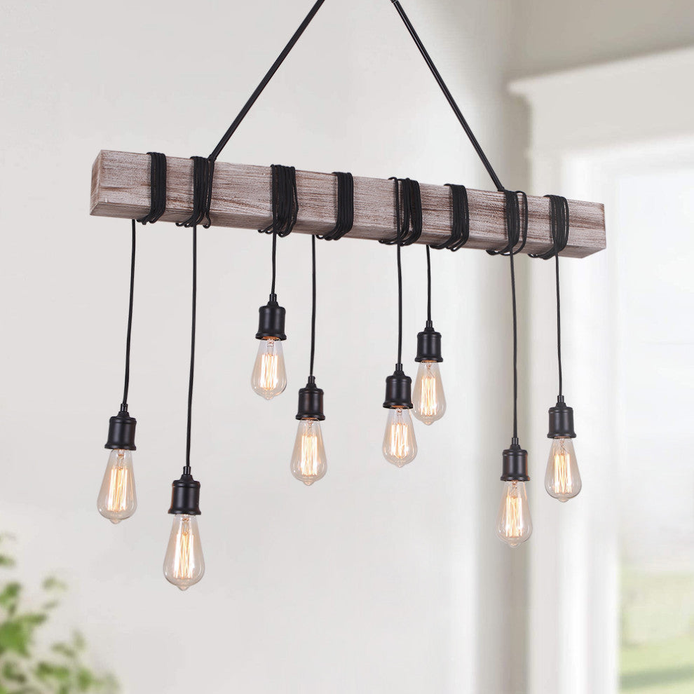 8 Light Wooden Rope Kitchen Island Linear Pendant