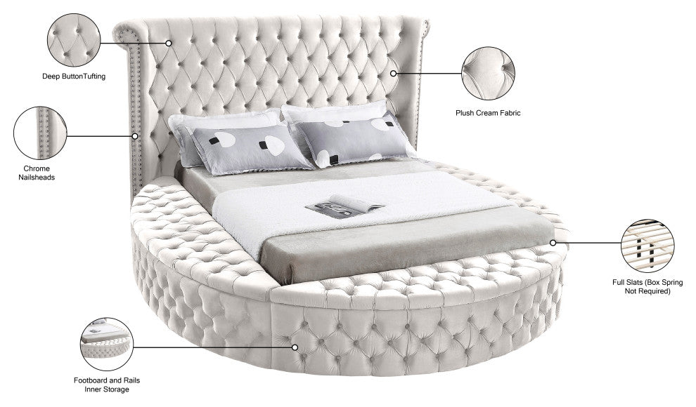 Luxus Button Tufted Velvet Round Bed, Cream, Queen
