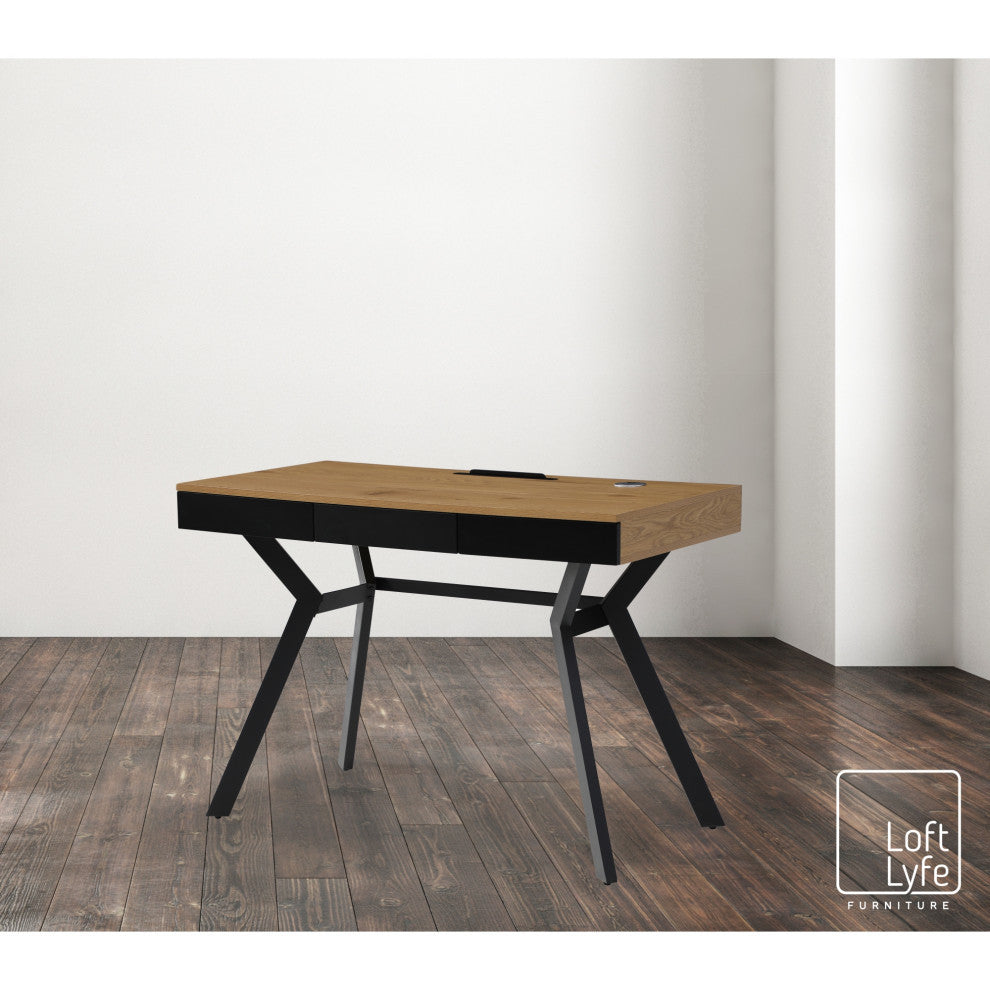 Loft Lyfe Magdalene Desk, 3 Storage Drawers, Natural/Black