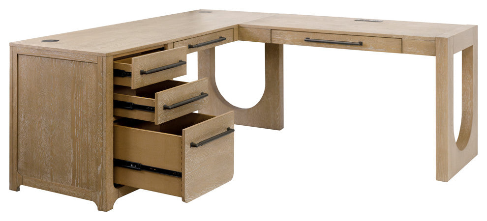 Modern Wood L-Shape Pedestal Desk With Right Facing Open Return, Light Brown