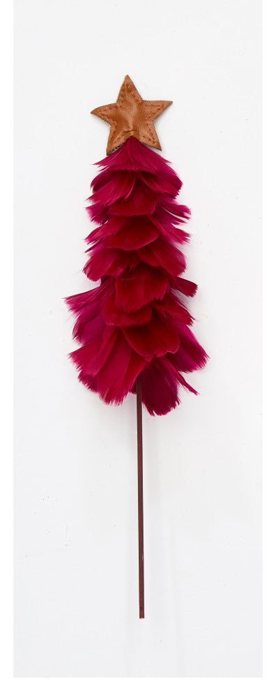 9" Feather Christmas Tree With Star On 10" Stick Pick, Burgundy, Set of 3