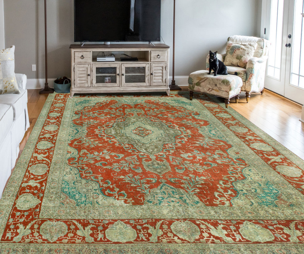 Vintage Distressed Kufuo Rust/Beige Rug, 9'4x13'7
