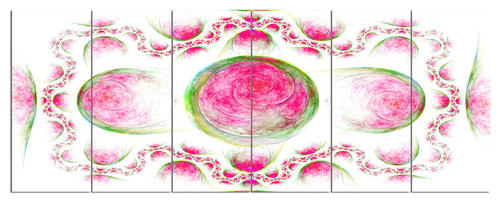 Pink Exotic Pattern on White, Abstract Art on Canvas, 70"x28", 6 Panels