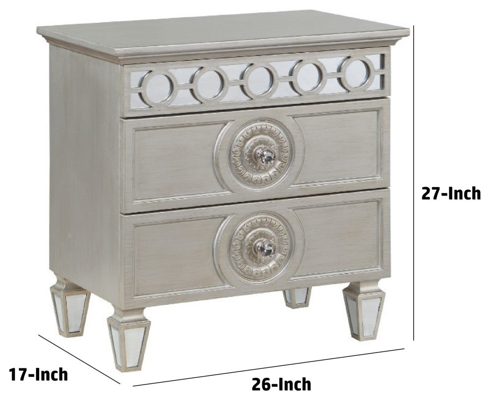 Benzara BM275683 Modern Nightstand With 2 Drawers, Mirror Inlay Trim, Silver
