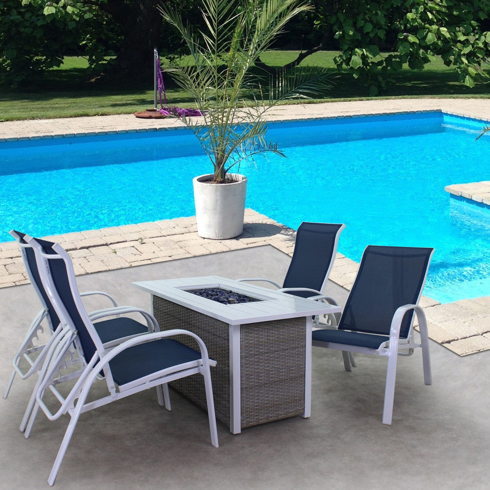 Courtyard Casual Santa Fe 5-Piece Rectangle Fire Pit Reclining Set, White