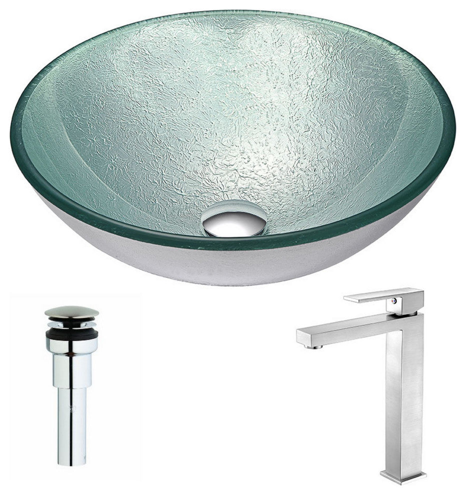 Spirito Deco-Glass Vessel Sink, Churning Silver-Enti Faucet, Brushed Nickel