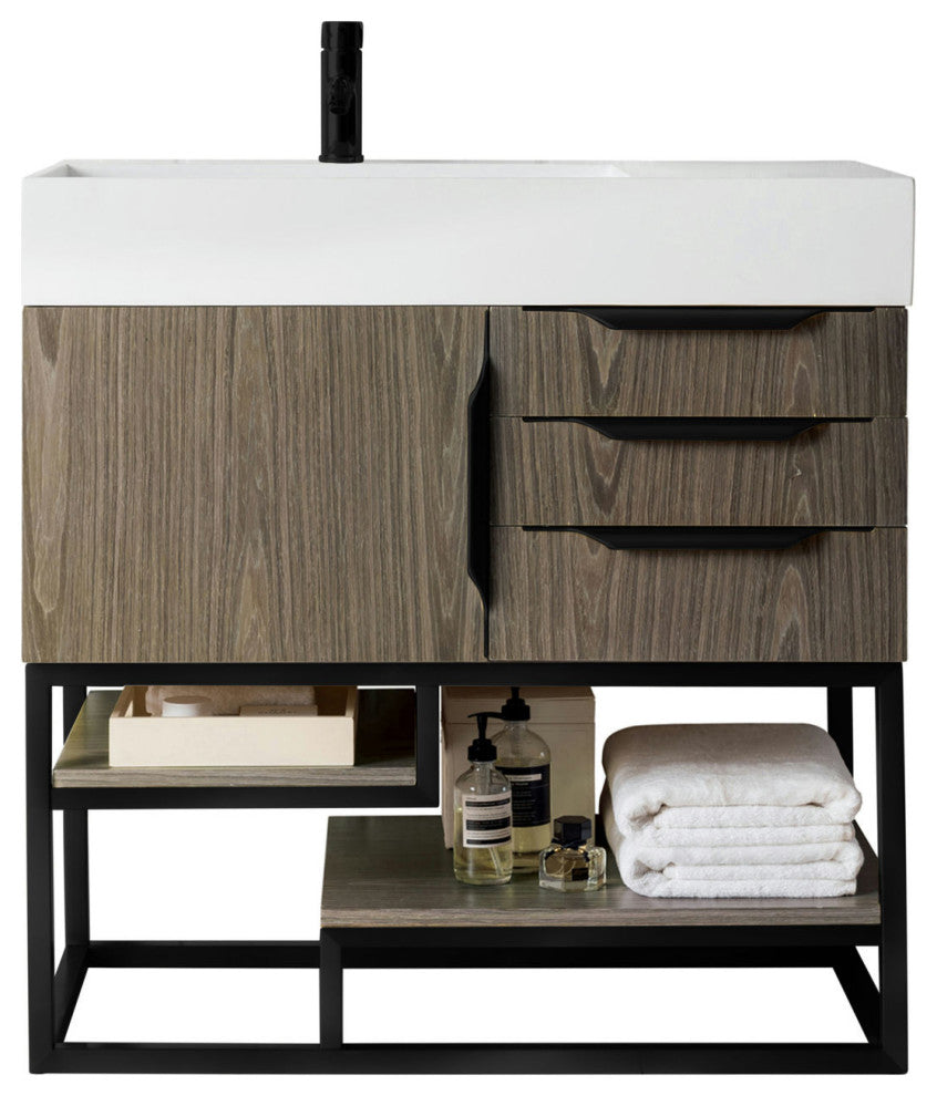 Columbia 36" Single Vanity, Ash Gray, Matte Black, Glossy White Composite Top