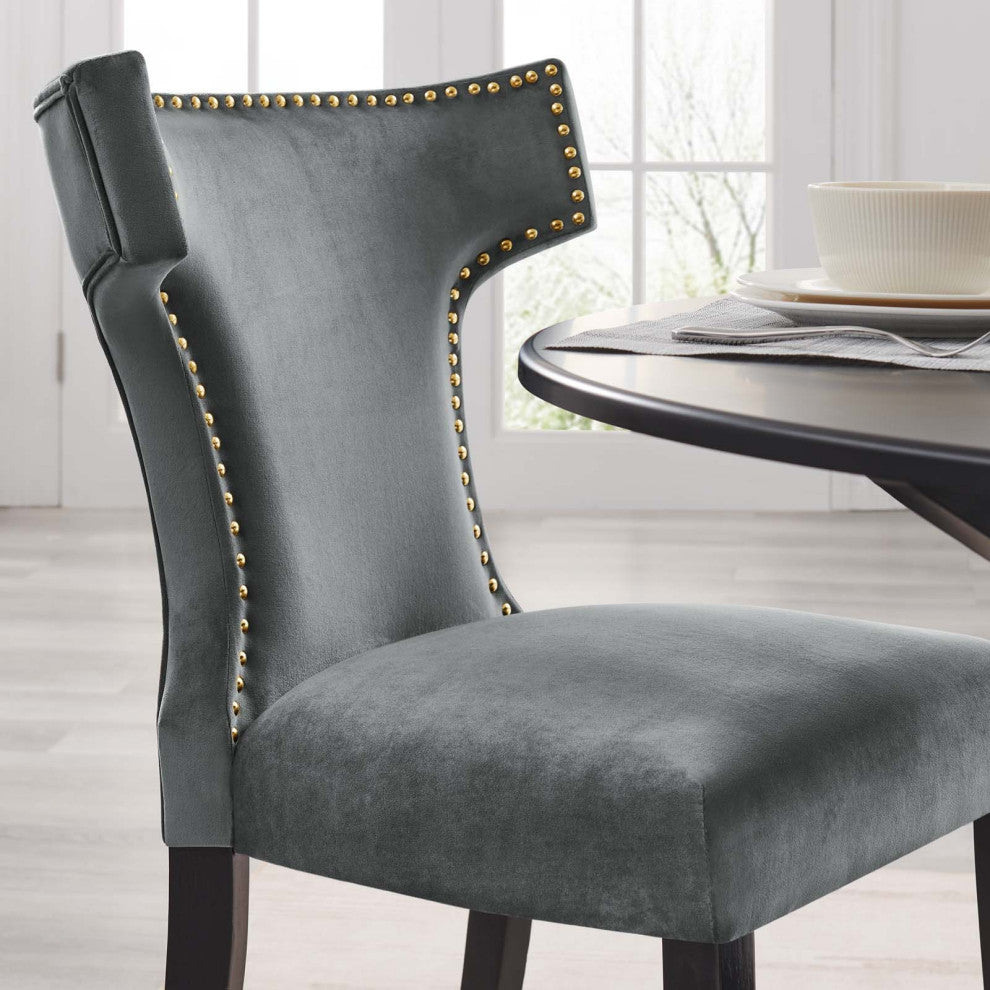 Dining Chair, Nailhead, Set of 2, Gray, Velvet, Modern, Bistro Hospitality