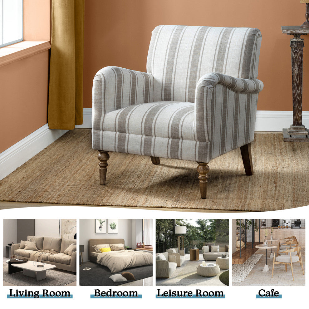 Mid-century Stripe Armchair With Wing Back, Tan
