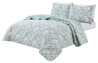 Bibb Home 3 Piece Reversible Quilt Set, Mint Damask, Full/Queen